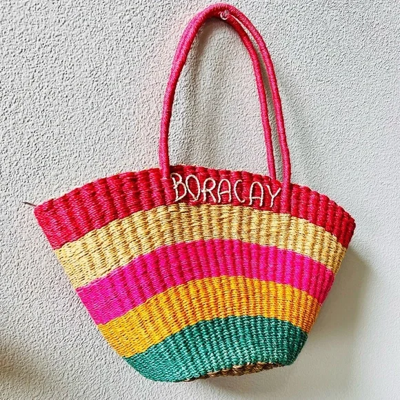 Bright Colorful Striped BORACAY Straw Zip Closure Boho Medium Tote Shoulder Bag - Picture 4 of 13